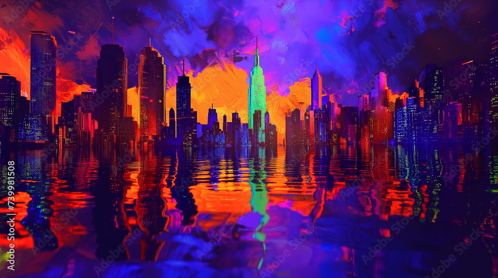 Neon color illustration of a metropolis by night
