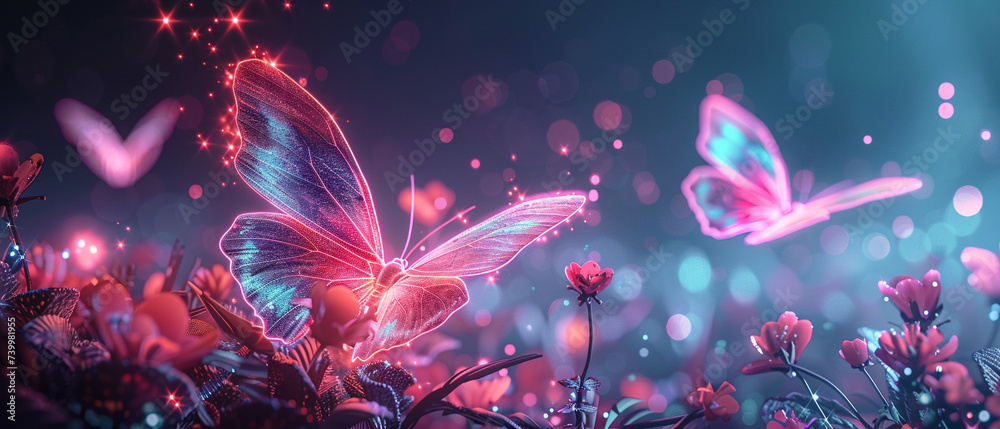Butterflies with neon wings in a digital garden dreamy illustration blending nature and technology - obrazy, fototapety, plakaty 