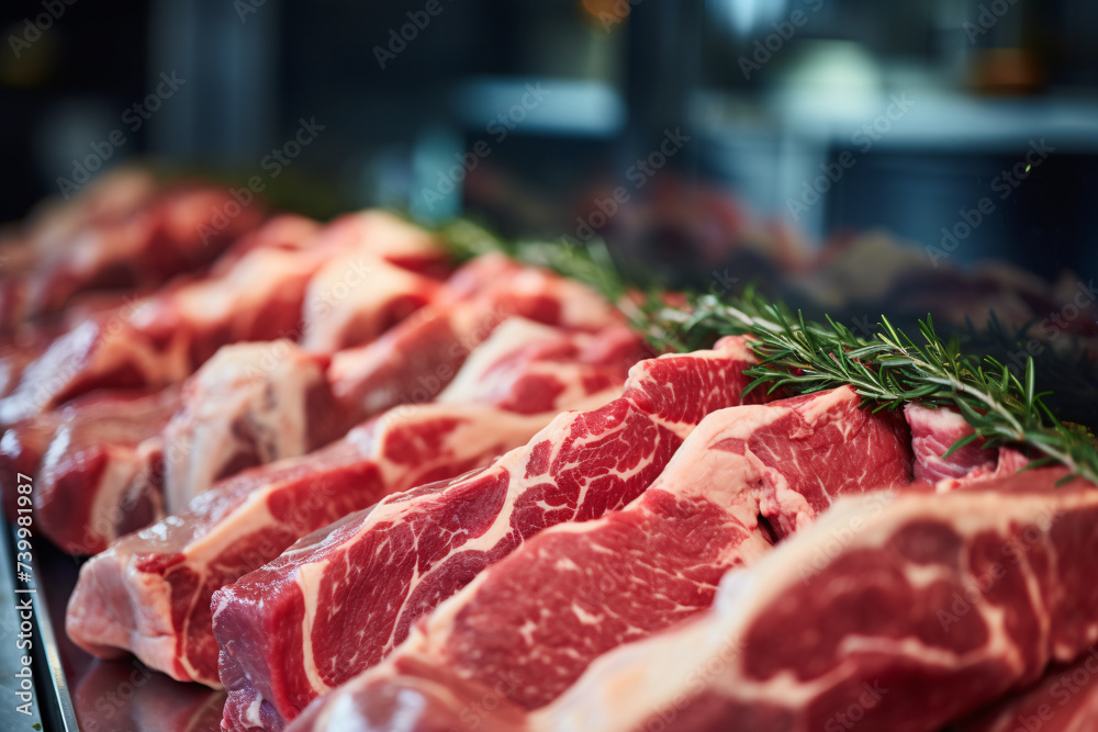 Thick slices of raw red lamb or beef meat at butcher shop