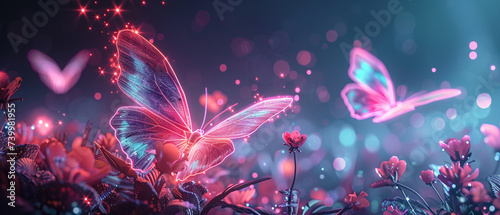 Butterflies with neon wings in a digital garden dreamy illustration blending nature and technology photo