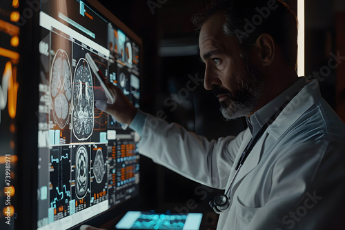 Technology in medicine - doctor examines X-ray on large screen