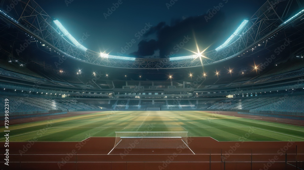 Football stadium arena for match with spotlight. Soccer sport background, green grass field for competition champion match. - obrazy, fototapety, plakaty 