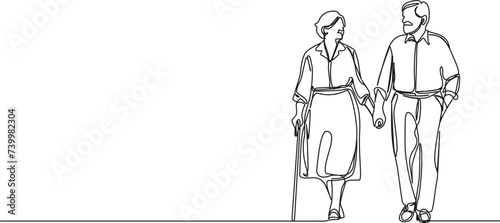 continuous single line drawing of senior couple walking hand in hand, line art vector illustration