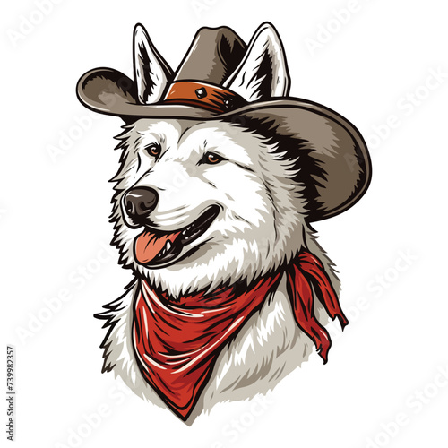 Samoyed dog Head wearing cowboy hat and bandana around neck