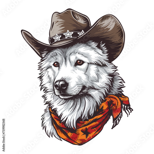Samoyed dog Head wearing cowboy hat and bandana around neck
