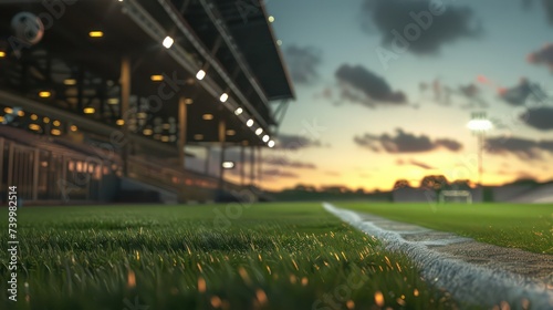 Football stadium arena for match with spotlight. Soccer sport background, green grass field for competition champion match.