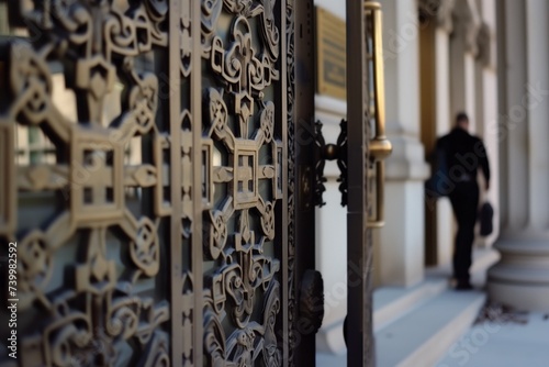 closeup of intricate courthouse door with person entering