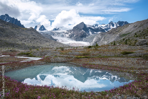 mountains glacier lake reflection clouds flowers