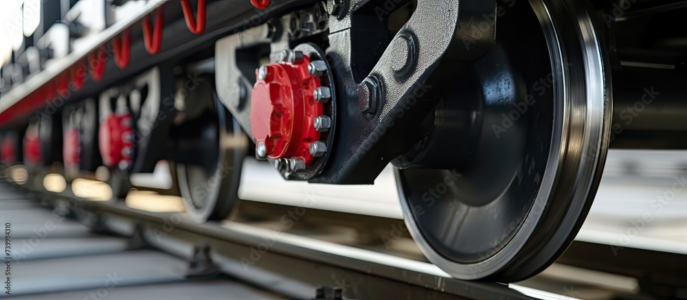 Fototapeta premium A detailed view of a train on a train track, showcasing its Triple the Excellence Tr carriages Couplings and More Tr carriages Couplings for unmatched performance.