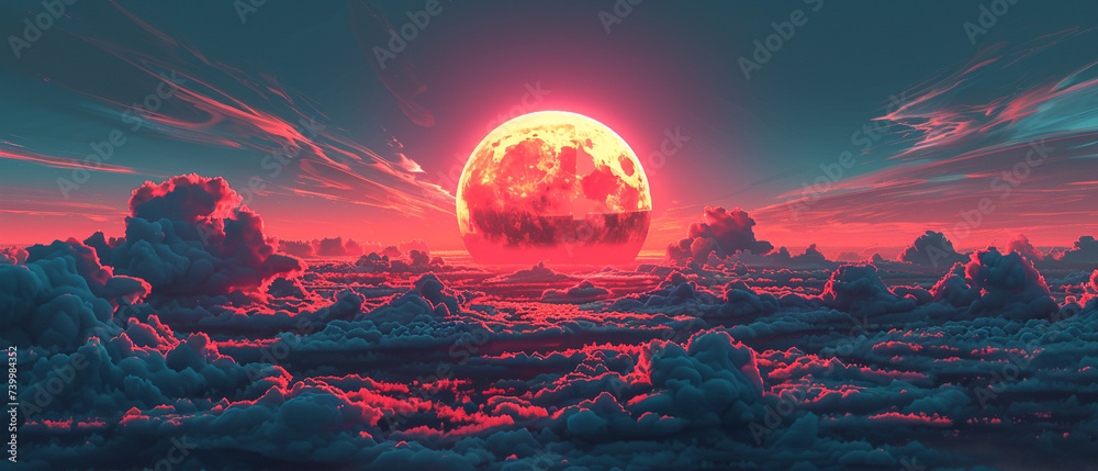 Cyber sun setting among neon clouds digital sky masterpiece Cyber sun setting among neon clouds digital sky masterpiece