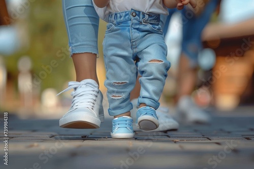 A tiny explorer takes their first steps in the city streets, clad in stylish denim and blue sneakers, ready to conquer the world photo