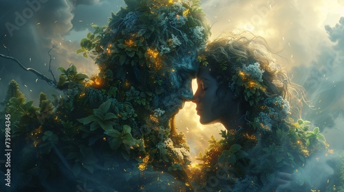 a man and woman with plants around their heads