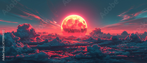 Cyber sun setting among neon clouds digital sky masterpiece