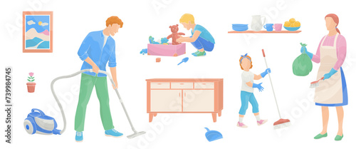 Happy parents with children cleaning rooms. Family working together