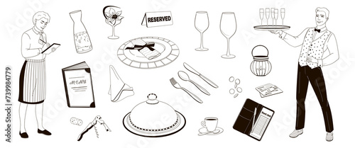 Waiter or Steward male and female characters, set elements about restaurant service, menu, plate, wine glasses, credit card, cutlery	
