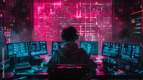 Cyberpunk hacker space neon lit filled with futuristic tech