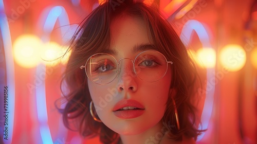 Teenage hipster girl with stylish glasses standing on red tunnel with neon light wall background, female teenager fashion model looking at nightclub city light glow