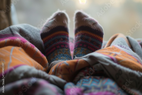 feet protruding from a blanket, socks worn with toe areas thinning photo