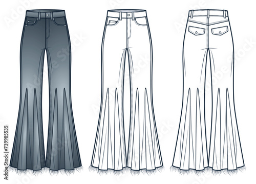 Flared Jeans technical fashion illustration. Godet Denim Pants fashion flat technical drawing template, raw hem, high waist, front and back view, white, grey, women, men, unisex CAD mockup set.