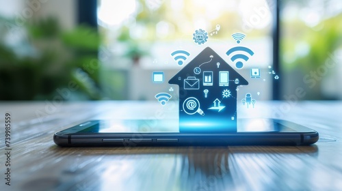 The internet of things is being used in smart homes to automate them using smartphones. Small houses on screens with mobile phones and wireless connections with icons of home electronics.