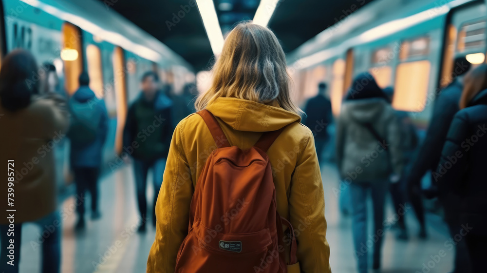A woman stands on a busy subway train with people A woman stands on a busy subway train with people