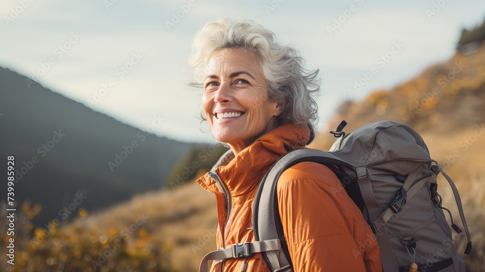 Active Mature Woman Hiking in Sportswear with Backpack