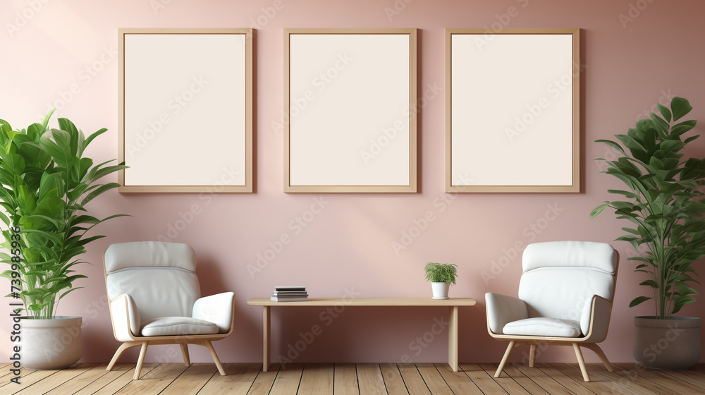 Chic Lounge Area with Trio of Blank Frames, Comfortable Armchairs, and Wooden Table Chic Lounge Area with Trio of Blank Frames, Comfortable Armchairs, and Wooden Table