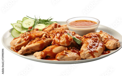 A white plate is filled with delicious chicken wings covered in tangy sauce, creating a mouth watering and appetizing meal. Isolated on a Transparent Background PNG.