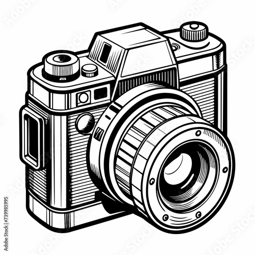 A black and white sketch-style rendering of a camera on a white background, emphasizing its lines and form