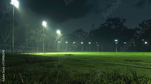 Cricket field at night with lights and neon fog cricket world cup