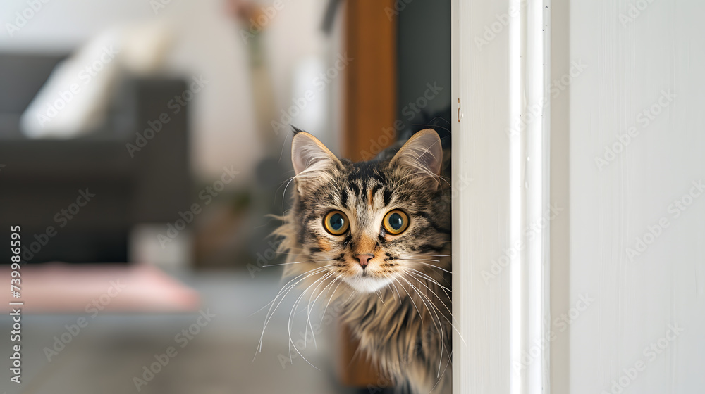 Cute Maine coon cat peeking out of the door