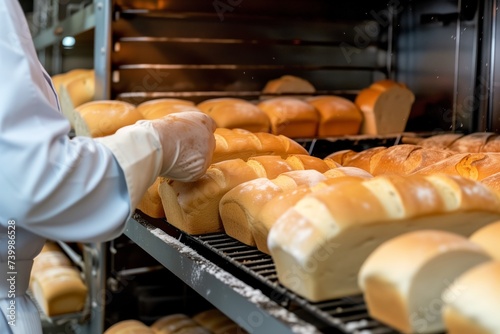 bakery worker arranging loaves of bread for the oven photo