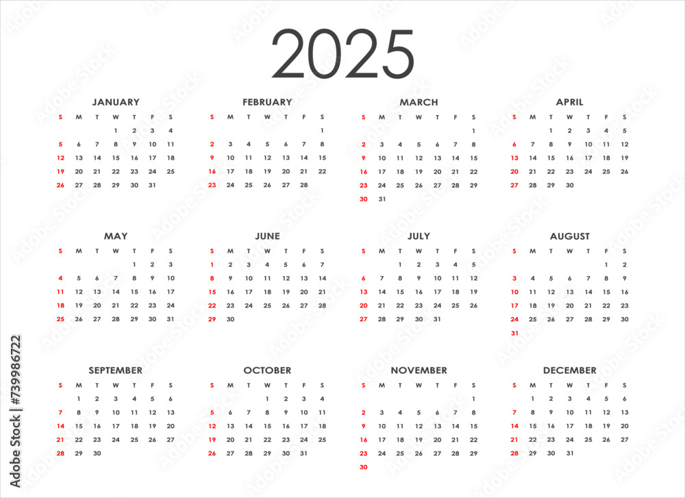2025 Calendar. The week starts on Sunday. Vector 2025 Calendar. The week starts on Sunday. Vector