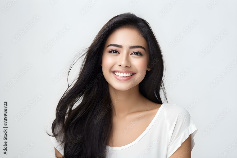 Young Asian Indian model with a captivating smile perfect teeth and white background. Concept Portrait Photography, Model Portfolio, Asian Beauty, Smiling Expression, White Background Young Asian Indian model with a captivating smile perfect teeth and white background. Concept Portrait Photography, Model Portfolio, Asian Beauty, Smiling Expression, White Background
