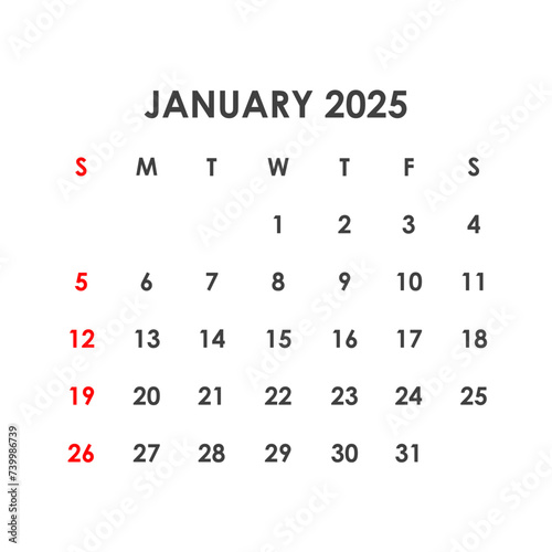 January 2025 Calendar. Week starts on Sunday.