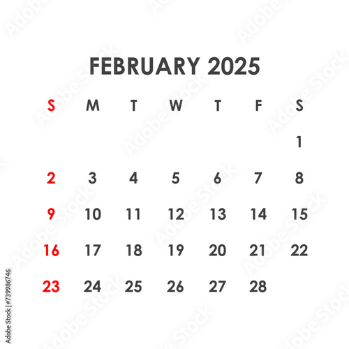 Calendar for February 2025. The week starts on Sunday.
