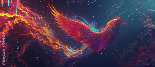 Digital neon phoenix soaring in a minimal night sky