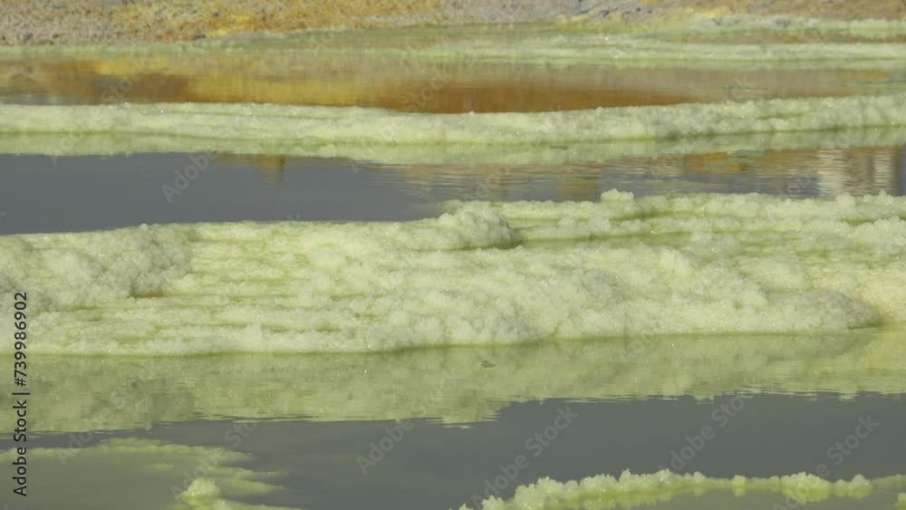 Volcanic crater lake. Dallol Geothermal area. Crystalline sulfides in an acid pool. Geothermal field of Danakil Depression. Hot springs and acid mineral in surreal landscape in Ethiopia, Africa