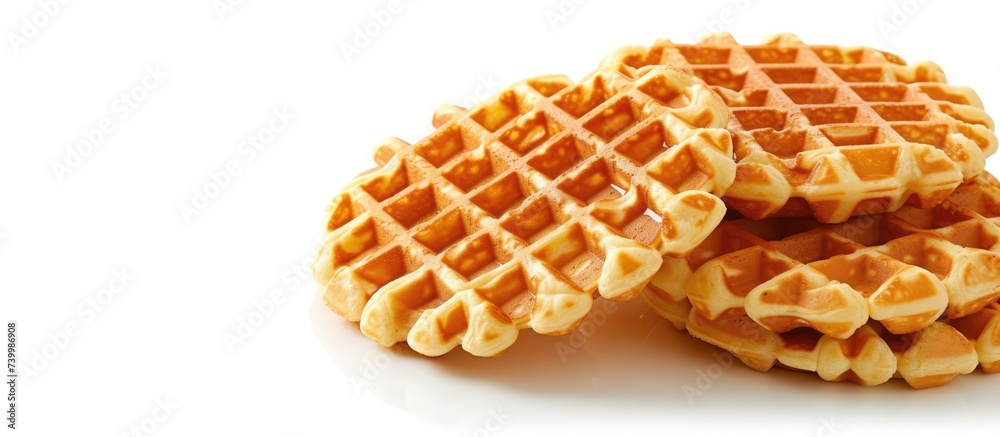 An appetizing arrangement of three Dutch waffles stacked on top of each other, showcasing their deliciousness against a plain white background. An appetizing arrangement of three Dutch waffles stacked on top of each other, showcasing their deliciousness against a plain white background.