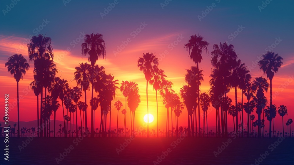 a group of palm trees with the sun setting behind them