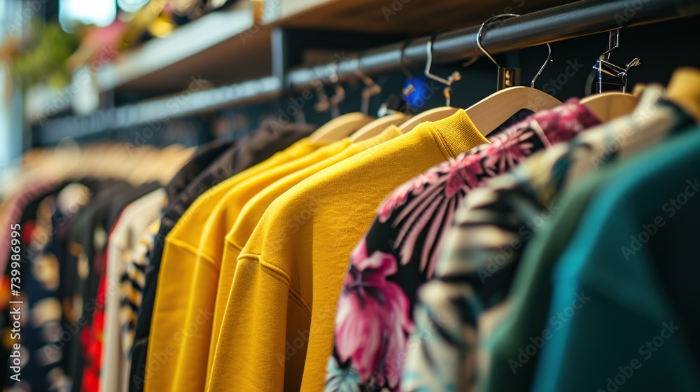 A lively array of clothes including a prominent yellow sweater, offers a vivid palette perfect for a seasonal fashion layout