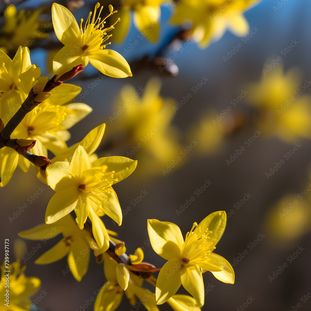 Fototapeta premium Close-up of Yellow Flowers on a Branch with Blue Sky Background