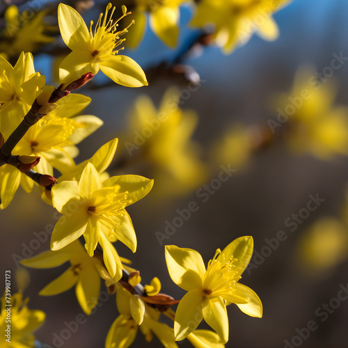 Close-up of Yellow Flowers on a Branch with Blue Sky Background