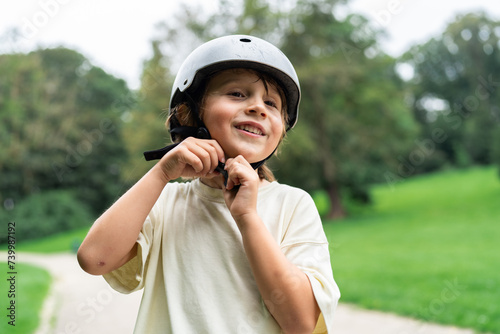 Preschool boy fastens his protective helmet on his head in a park in summer. High quality photo