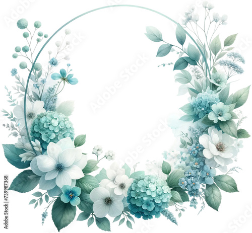 Cool Blue Floral Wreath Design for Elegant Invitations isolated on solid white background : overlay texture with copy space