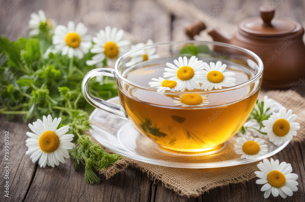 Transparent Cup of Chamomile Tea with Fresh Flowers on Wooden Surface Transparent Cup of Chamomile Tea with Fresh Flowers on Wooden Surface