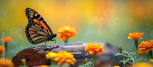 A butterfly sits on a piece of wood amidst a vibrant garden of marigold flowers.