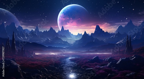 a landscape with mountains and a moon
