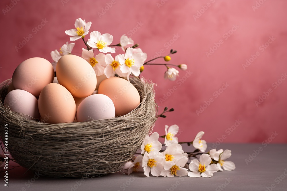 a nest with eggs and flowers