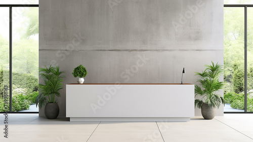 blank white reception desk in concrete office photo